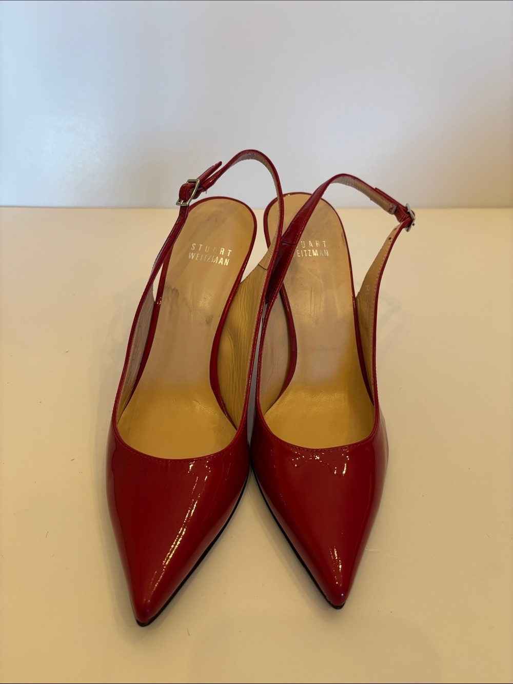 Stuart Weitzman Red Patent pointy toe high heel sling back